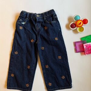 Zara Kids Denim Wide Leg Jeans with Bear Embroidery